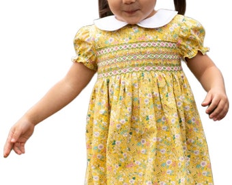 Blue & Yellow Floral Hand Smocked Dress