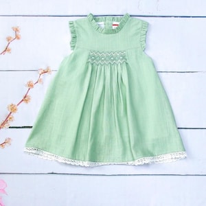 Hand Smocked Ruffle Collar Green Dress