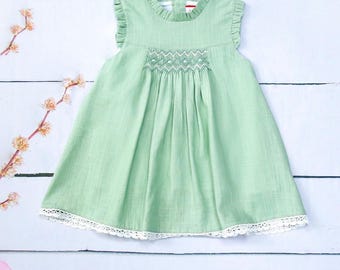 Hand Smocked Ruffle Collar Green Dress