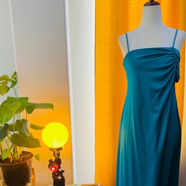 Vintage 1970’s Peacock Teal Summer Disco Dress, Full Length, Spaghetti Strap, Sarong Wrap Look, Ruched Detail, XS/S