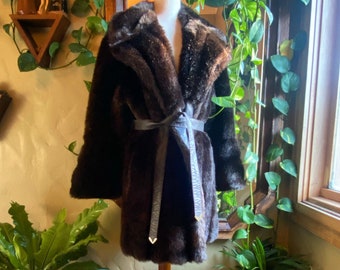 Vintage Chocolate Faux Fur Coat w/ Belt | plush, luxurious old Hollywood glam, big bell sleeves, oversized collar | Women's L