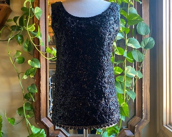 Vintage 1950's 1960’s Beaded & Sequined Shell Top, Sleeveless Inky Black, Zipper | Womens M