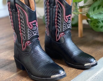 Kids Durango Western Thunderbird Boots | Black & Red | Faux Lizard Print | Size 4D