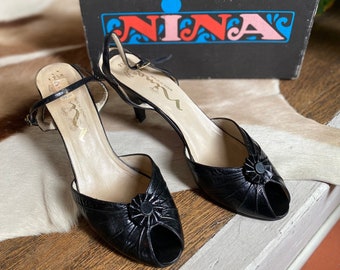 Vintage Black Nina Slingback High Heels | 1970’s, Leather |Size 9.5 M | Original box, NEW Heel Caps