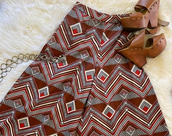 Vintage Gaucho Pants, 1960s 1970s, Great Abstract Chevron Striped Pattern in Brown Red and White, Great