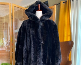 Vintage Faux Fur Hooded Overcoat | Reversible! 1950s womens, dark brown ultra plush, warm and cozy | formal, party event, winter Size L/XL