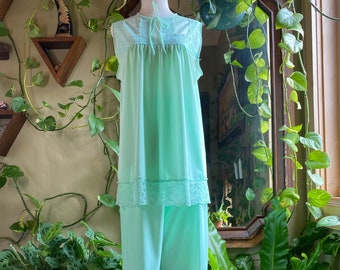 Vintage Pajama Two-Piece Set, Texsheen, Beautiful Seafoam Green, Sleeveless Tank & Pants, Nylon and Lace, Tie Front Top, Elastic Waist Pants