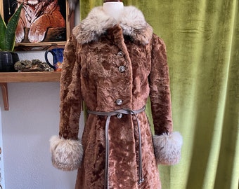 Vintage Trench Coat, Ultra Plush Fox Fur Collar, Tan, Caramel