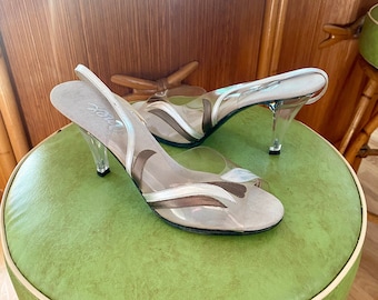 1950's Vintage Lucite Heels | Clear | Size 7.5 | Silver, Brown | Slingback