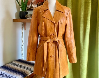 Vintage Western Calfskin Coat w/ original belt, super soft, fantastic color in a rich camel orange-brown, lined, pockets, womens S/M