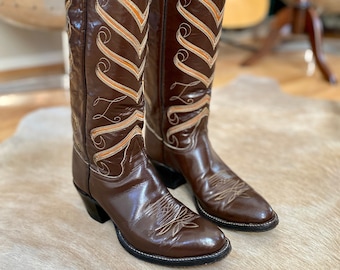 Vintage Tony Lama Westernstiefel, Leder, Braun Orange & Gelb, kniehoch, Reitabsatz, Damen 6N