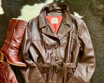 Vintage 1970’s Leather Coat w/ Belt, Dark Brown, Oxblood, Soft Leather, Trench Style Mid-Thigh Length, Lined with Pockets