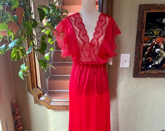 Vintage Red Texsheen Nightgown w/ Belt| Womens S-M | Deadstock NWT | Lingerie | Slip Dress | Long, Vneck, Sleeveless | 1950s 1960s