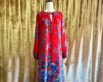 Vintage Housecoat, Muumuu, Robe, 1970’s, Bright Red, Big Blue Roses, Floral, Pullover, Zip Front, Tie Neck, Elastic Cuffs | Women’s S/M