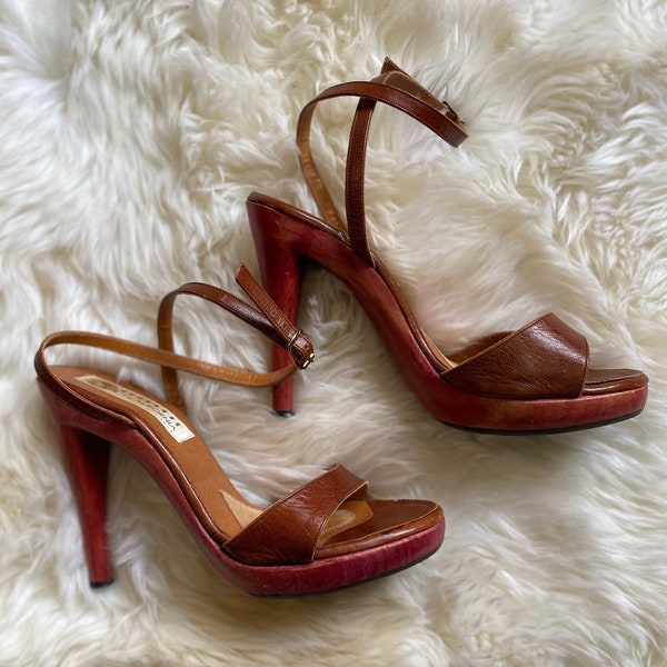 Vintage 1970’s Platform Stillettos, Soft Leather & Solid Wood, CHEROKEE of CALIFORNIA, Ankle Strap w/ Gold Buckles, 5” heel, Sz 7/7.5