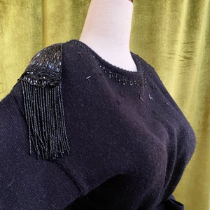 Vintage Sweater Dress, Black Angora 1980s does 1920s Art Deco, Beaded Cap Fringe Long Sleeve w? Belt, Soft & Decadent | Mint Condition, Sz 8
