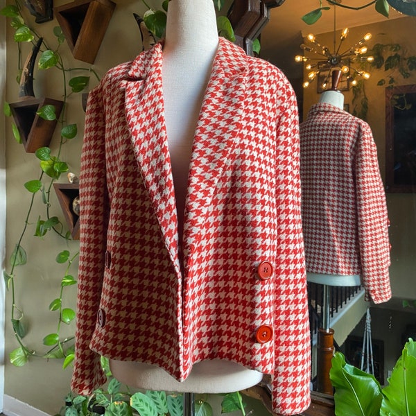 Vintage Houndstooth Blazer by Loomtogs, 1950s 1960s, red-orange and ivory, lined, soft, comfortable, warm | office or casual, Size 14 (S/M)