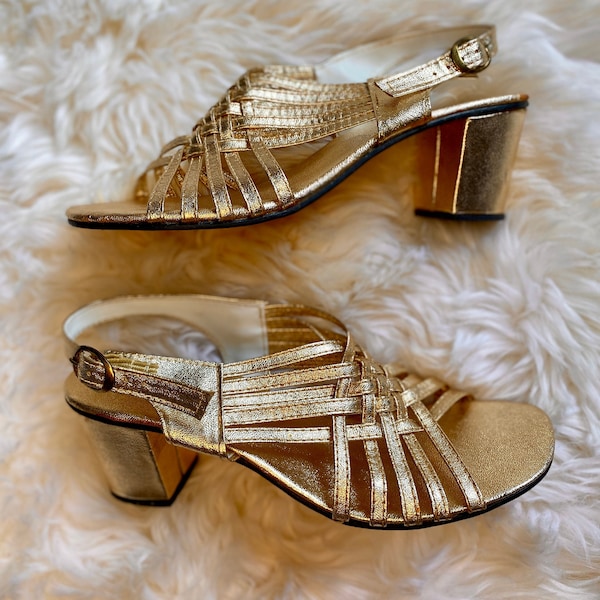 Vintage 1950’s Gold Sandle Heels, Sz 7, Weave Design, Open Toe, Block Heels, Buckle Straps, Old Hollywood, Glam, Metallic & Vibrant