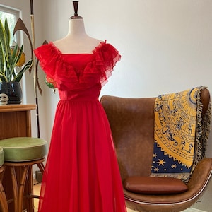 Vintage Dress, Formal, Red Chiffon 70’s 80s floor-length, off-shoulder | Southern Belle, Wedding, Day of the Dead, Victorian Gothic