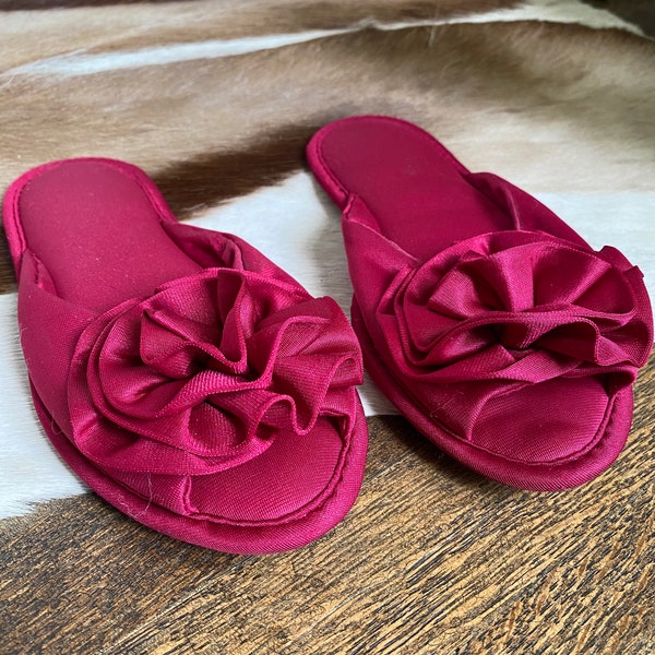 Vintage Red Texsheen Slippers | Rosettes | Size 5-6