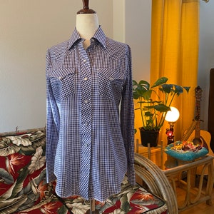 H Bar C Vintage Womens Western Shirt, Cowgirl, Navy Blue & White Gingham, long-sleeve, pearl snaps,| Womens Size 34 | Excellent Condition!