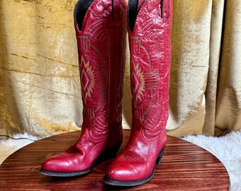 Vintage Durango Western Leather Boots, Sz 8M US 39EU, Knee-High, Red, Green, Yellow, White, Riding Heel & Pointed Toe, Soft Textured Leather