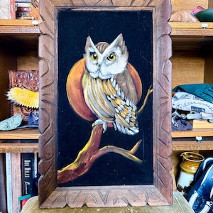 Vintage Velvet Painting 1970’s Great Horned Owl, Framed, Made in Mexico, True Vintage