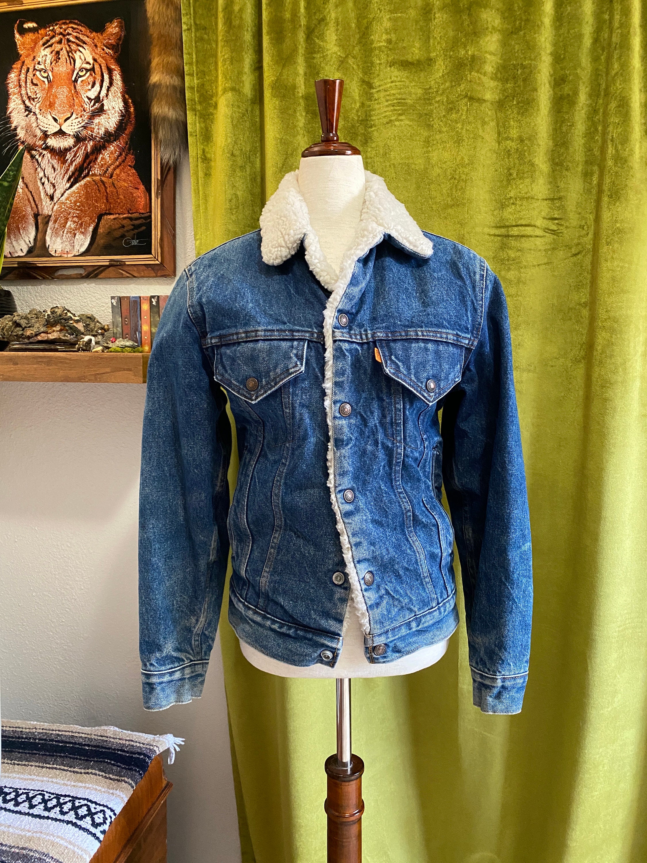 Vintage Orange Tab Levis Jean Jacket, 1960s 1970s, Sherpa Lined, Solid