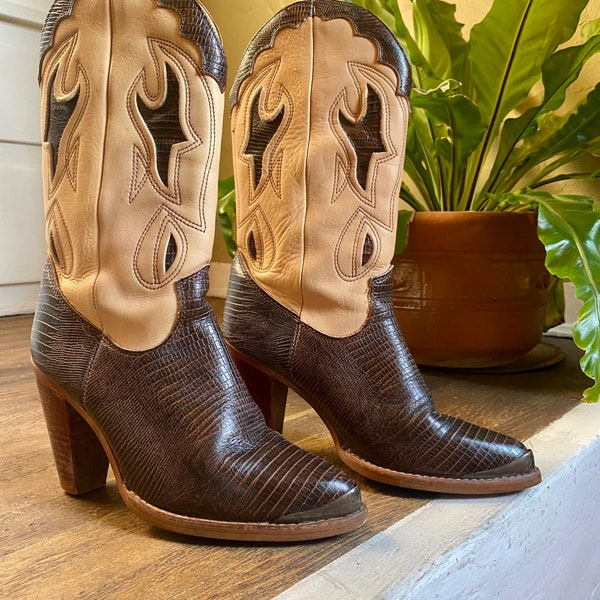 Vintage Women's Western Boots, Zodiac Brand, Size 7.5, mid-calf, fashion heel, browning tan, leather and faux snake skin, stacked wood heel