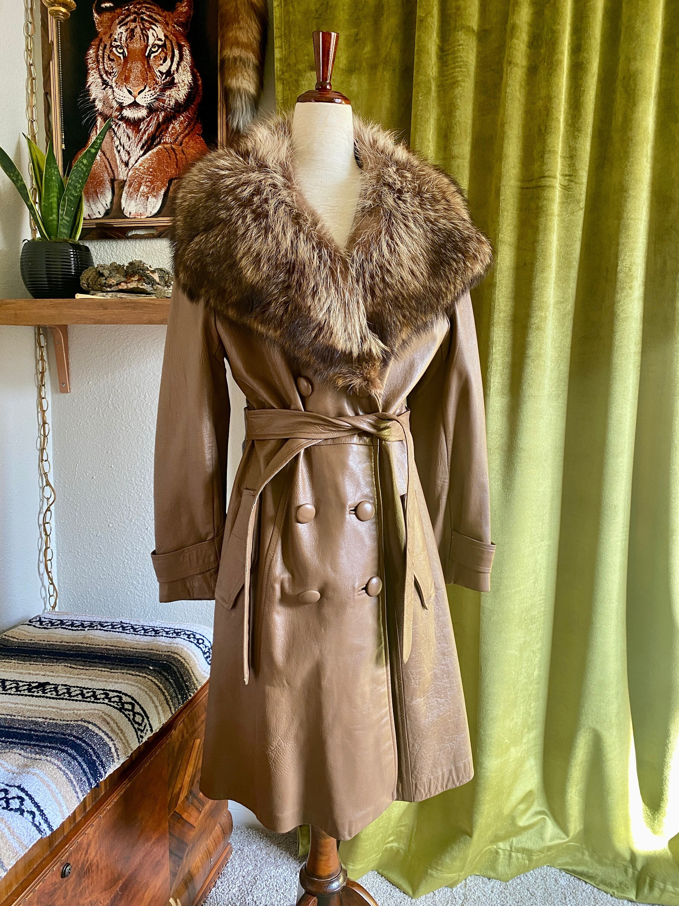 Vintage Trench Coat, Ultra Plush Fox Fur Collar, Tan Vintage Trench Coat, Ultra Plush Fox Fur Collar, Tan