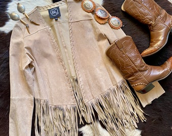 Vintage Genuine Suede Leather Jacket w/ Fringe, Tan, Western, Boho, Festival, M