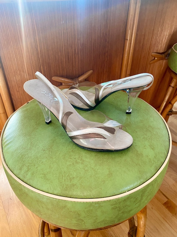 Vintage Onex Slingback Heels, 1980’s, Lucite Heel, Clear, Silver, Brown  Sz