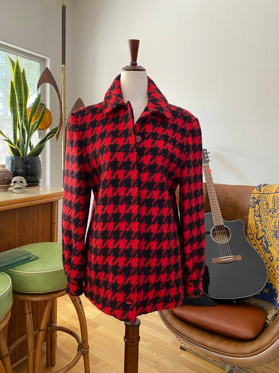 Vintage Pendleton Wool Coat, 1950s, Houndstooth, Red & Black, Warm