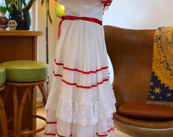 Vintage Dress, 1950s White Organza & Lace, Red Ribbons Vintage Dress, 1950s White Organza & Lace, Red Ribbons