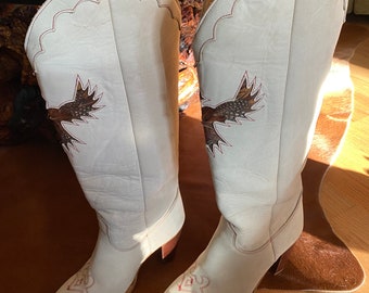 Vintage Western Boots, Zodiac Brand | 6M Womens | Soft Suede, Wood Heel, Feather Eagle, Phoenix, Thunderbird Design | Fashion Heel |