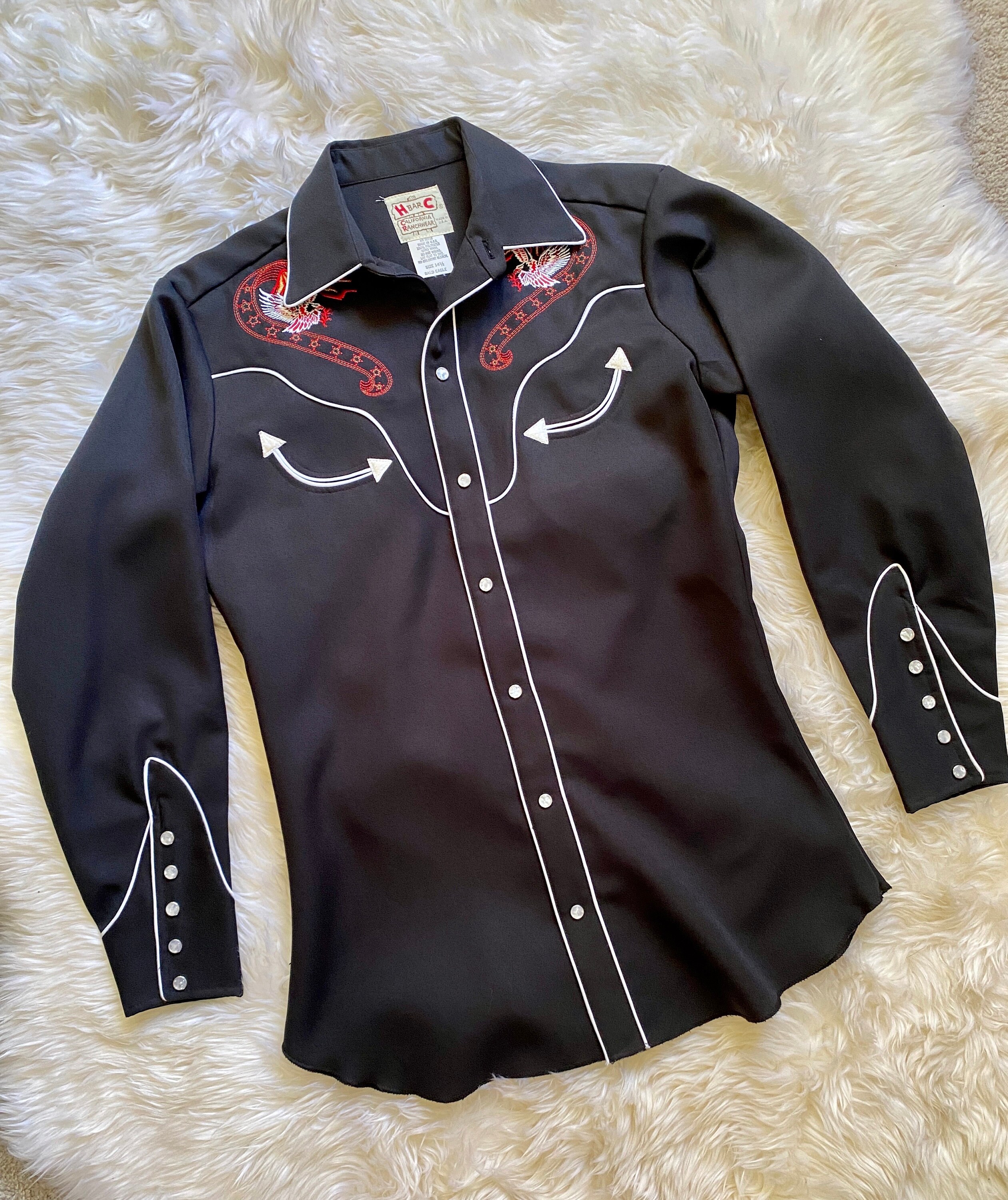 Vintage 70's H Bar C Embroidered Mens Western Shirt, Black Vintage 70's H Bar C Embroidered Mens Western Shirt, Black