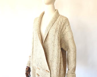 Vintage 70s / 80s Wool Cardigan - Chunky Knit Sweater, Size Large