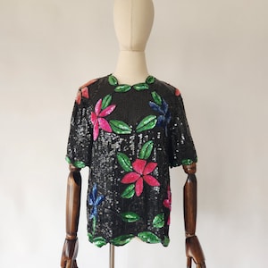 vintage 1980s sequined and silk sparkly floral evening Stenay shirt / top - small - holiday Christmas gift idea for her