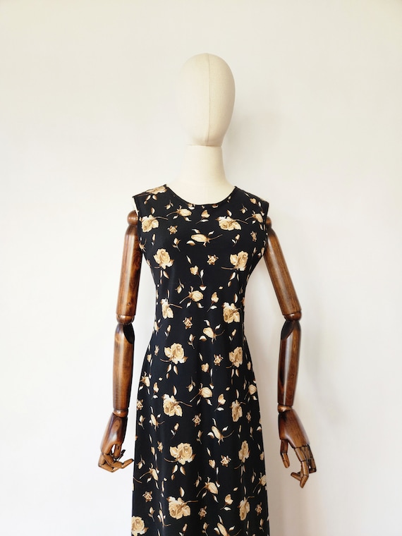 vintage 1990s black floral midi dress - medium - image 3