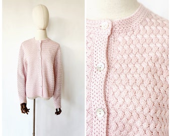vintage 1990s pink knit cardigan long sleeve sweater - Karen Scott - medium