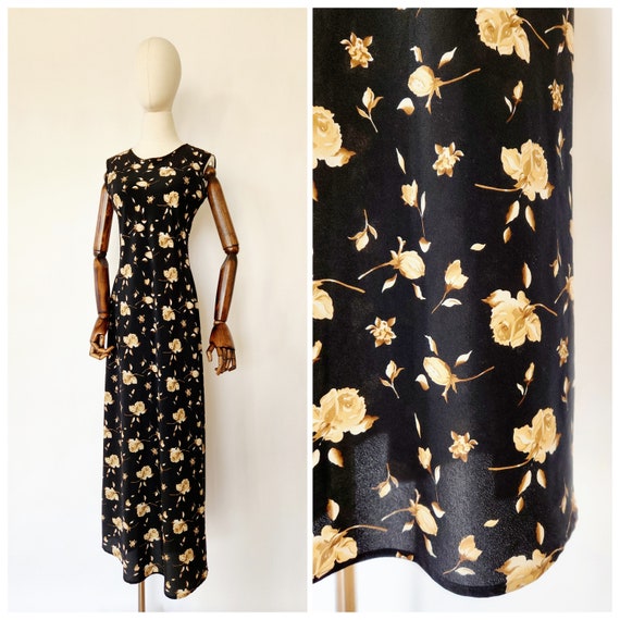 vintage 1990s black floral midi dress - medium - image 1