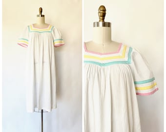 vintage 1970's blue, pink, yellow and white cotton maxi shirt dress - large - x large