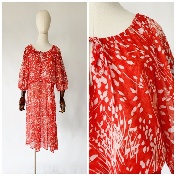 vintage 1970s floral red and white print dress 70… - image 1