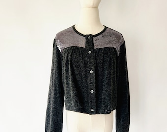 vintage antracietgrijze en zilveren pierre cardigan-vesttrui met lovertjes - klein