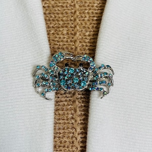 Sweater Clips Rhinestone Crab Sweater Clip Silver Cardigan Clasp Blue Sweater Guard for Kimono Jewelry Gift for mom Gift for Her by Fabulici