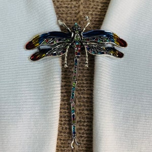 May include: A dragonfly brooch with a silver-tone metal body and colorful enamel wings. The wings feature red, yellow, and blue accents, and the body is adorned with multi-colored rhinestones. The brooch is pinned to a white sweater.