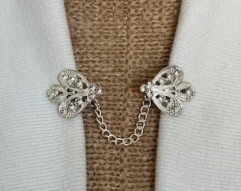 Sweater Clips Heart Cardigan Clip Chain Sweater Clip Rhinestone Cloak Clasp Silver Clip Shawl Clasp Bridal Jewelry Gift for Her by Fabulici