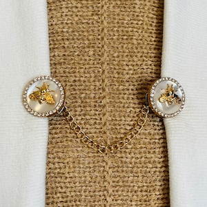 Sweater Clips Rhinestone White Gold Bumble Bee Sweater Clip Bumble Bees Honey Bee Collar Pin Chain Gift Jewelry Gifts for Her by Fabulici