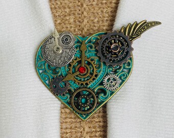 Sweater Clips Steampunk Clock Sweater Clip Scarf Watch Shawl Clasp Cardigan Clasp Heart Brooch Cosplay Cloak Fasteners Gifts for Her