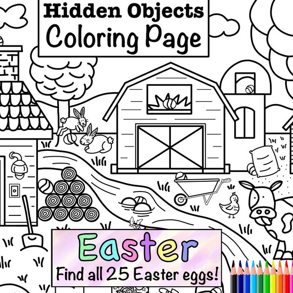Easter Egg Hunt Activity Coloring Page, Hidden Eggs Printout, Coloring Puzzle, Printable Farm Search, Quarantine Activity, Indoor Egg Hunt